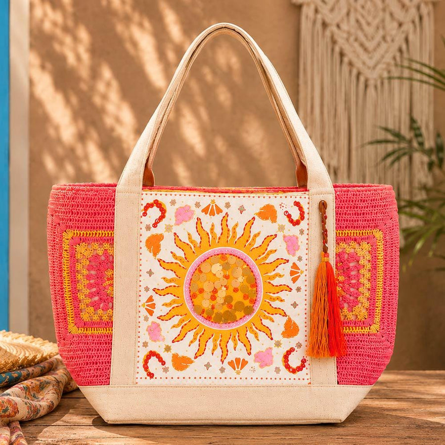 Boho Sunburst Sequin Beaded Tassel Accent Granny Square Large Tote | Trendy Bohemian Shoulder bag