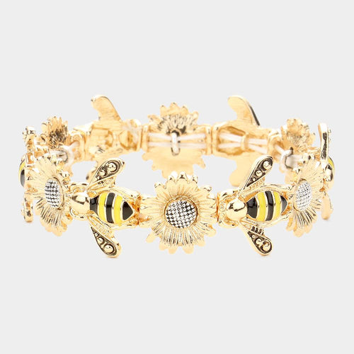 Enamel Honey Bee Sunflower Stretch Bracelet | Nature Inspired Boho Jewelry | Trendy Floral Gift Bracelet