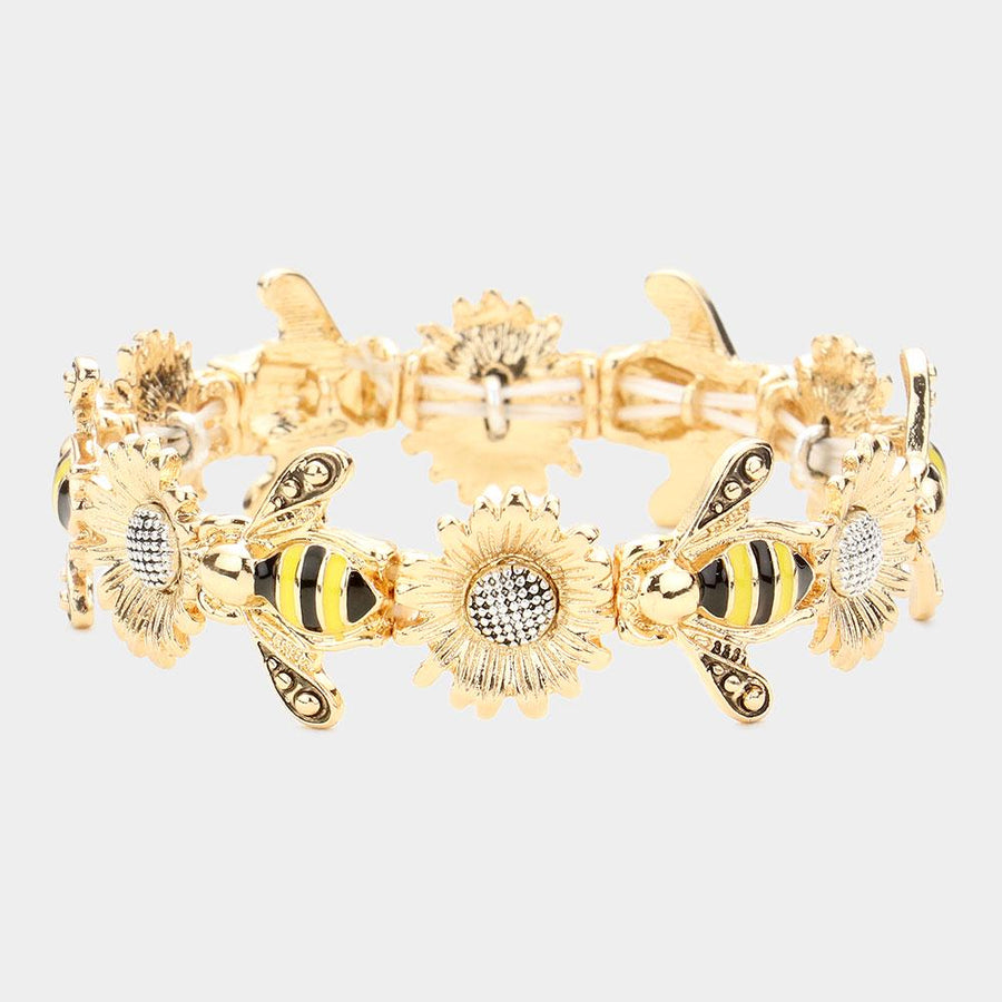 Enamel Honey Bee Sunflower Stretch Bracelet | Nature Inspired Boho Jewelry | Trendy Floral Gift Bracelet