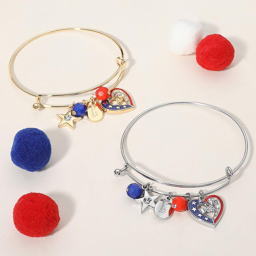 Enamel American USA Flag Heart Star Charm Bangle Bracelet | Patriotic Red White Blue Jewelry