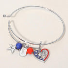 Enamel American USA Flag Heart Star Charm Bangle Bracelet | Patriotic Red White Blue Jewelry