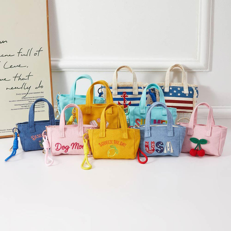 Mini Canvas Tote Bag Keychain Bag Charm | Purse Accessory | Trendy Handbag Keyring