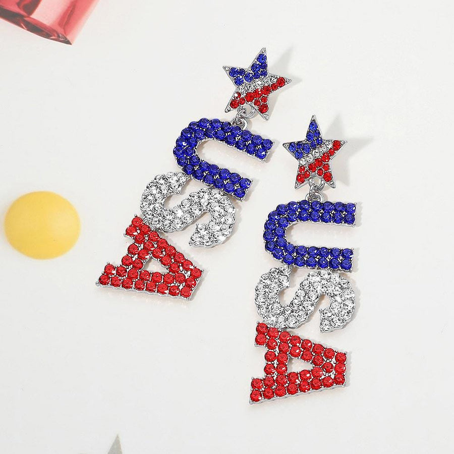 Rhinestone Studded Patriotic USA Letter Drop Earrings | Sparkly Statement Jewelry | Dangle Earrings