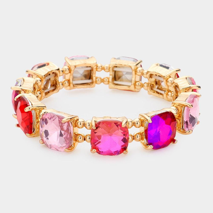 Cushion Cut Crystal Stretch Bracelet | Handmade Glass Bead Jewelry | Beaded Stacking Bracelet