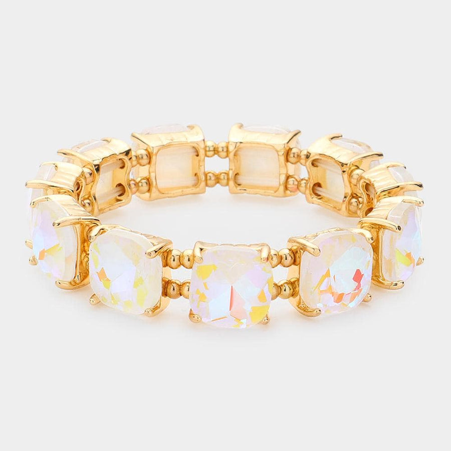 Cushion Cut Crystal Stretch Bracelet | Handmade Glass Bead Jewelry | Beaded Stacking Bracelet