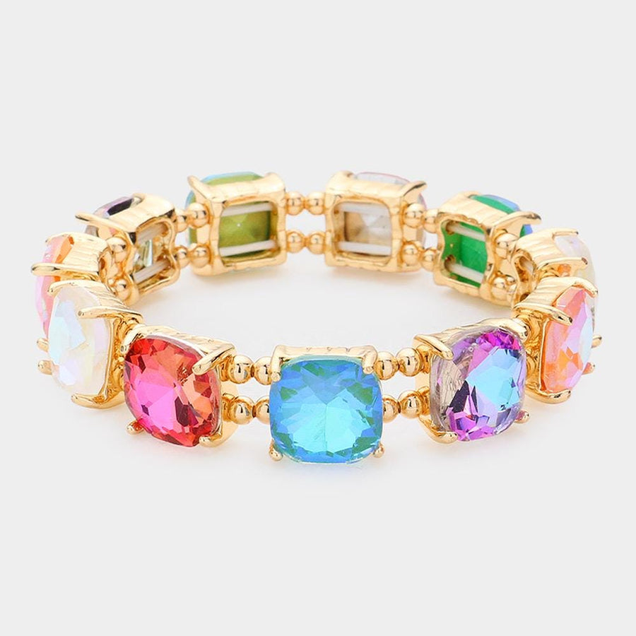 Cushion Cut Crystal Stretch Bracelet | Handmade Glass Bead Jewelry | Beaded Stacking Bracelet
