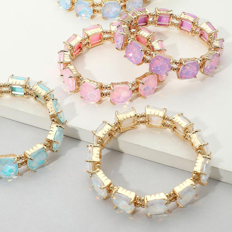 Cushion Cut Crystal Stretch Bracelet | Handmade Glass Bead Jewelry | Beaded Stacking Bracelet