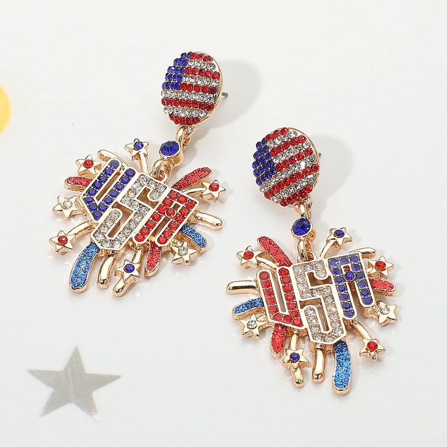 USA Flag Firework Dangle Earrings | Stone Paved Enamel Patriotic Statement Jewelry