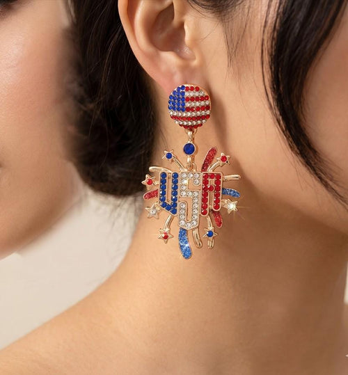 USA Flag Firework Dangle Earrings | Stone Paved Enamel Patriotic Statement Jewelry