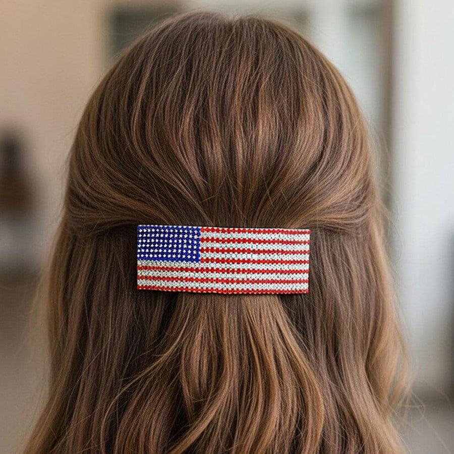 American USA Flag Crystal Barrette | Patriotic Sparkly Hair Clip | Red White Blue Hair Accessory