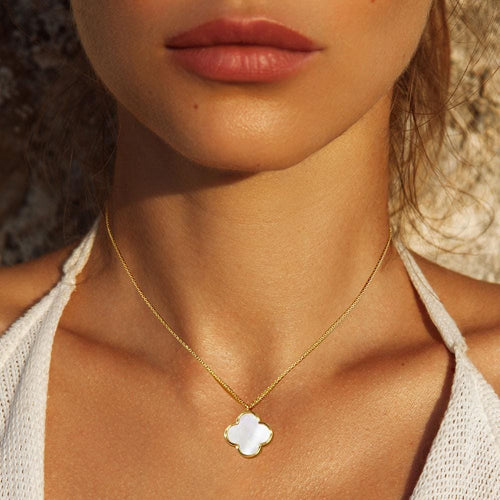 Gold Dipped Mother of Pearl Quatrefoil Pendant Necklace - Dainty Shell Jewelry - Statement Layering Piece