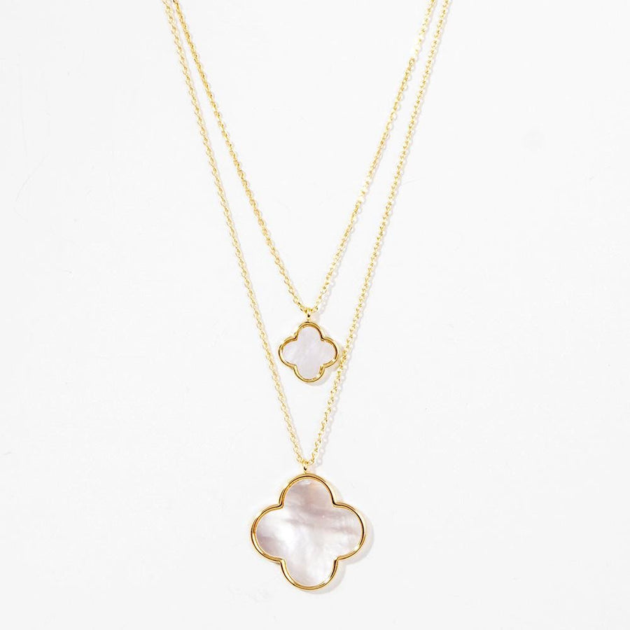 Gold Dipped Double Mother of Pearl Quatrefoil Pendant Necklace - Stacked Shell Jewelry - Layering Necklace
