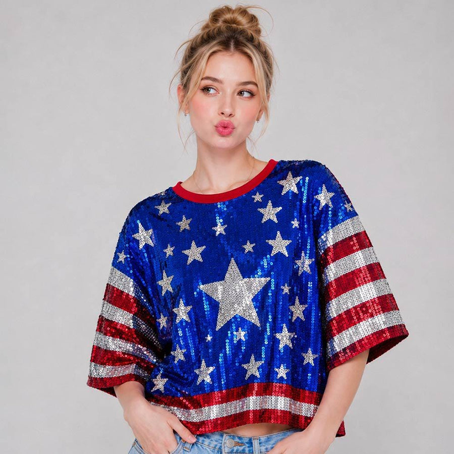 American USA Sequin Patriot Graphic Top - 4th of July T-Shirt - Festive Patriotic Tees Tops