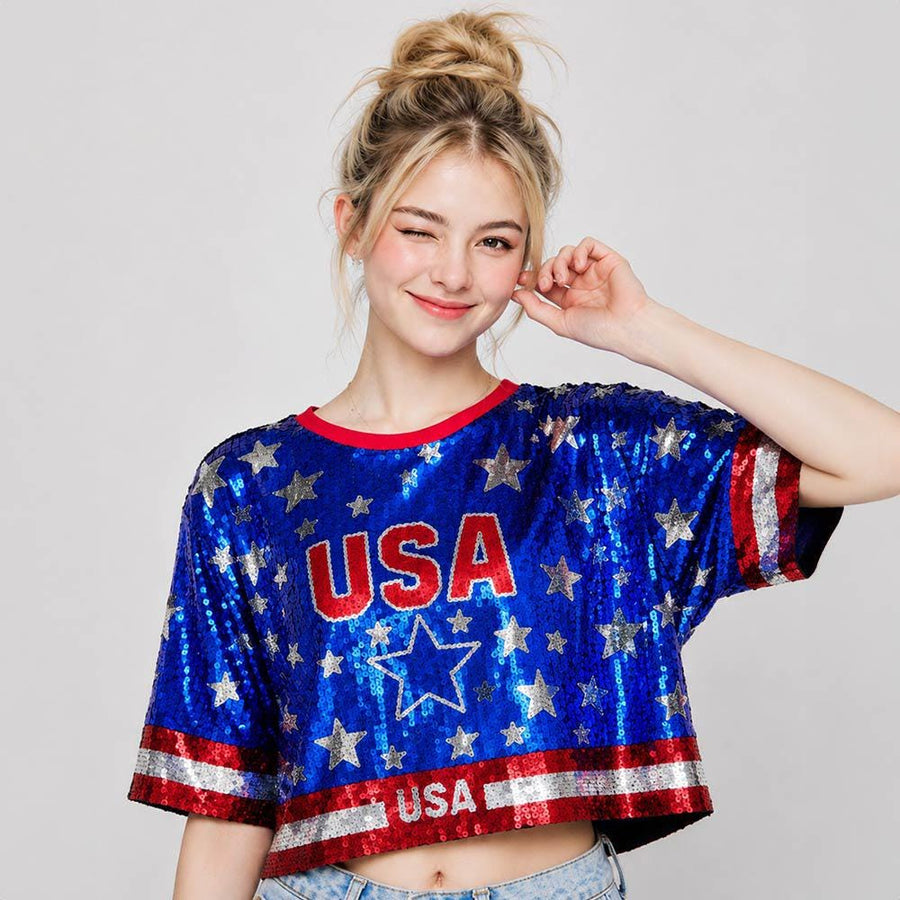 American USA Sequin Patriot Graphic Top - 4th of July T-Shirt - Festive Patriotic Tees Tops