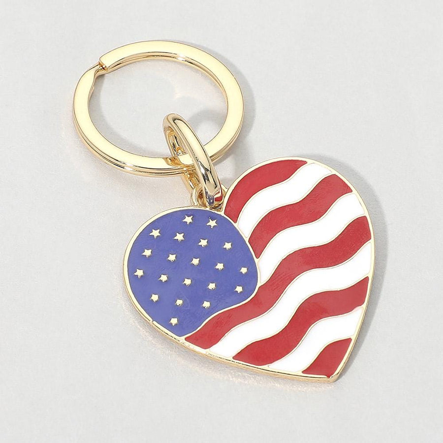 American USA Flag Charm Keychain - Patriotic 4th of July Keychain - Heart and Bow Keyring