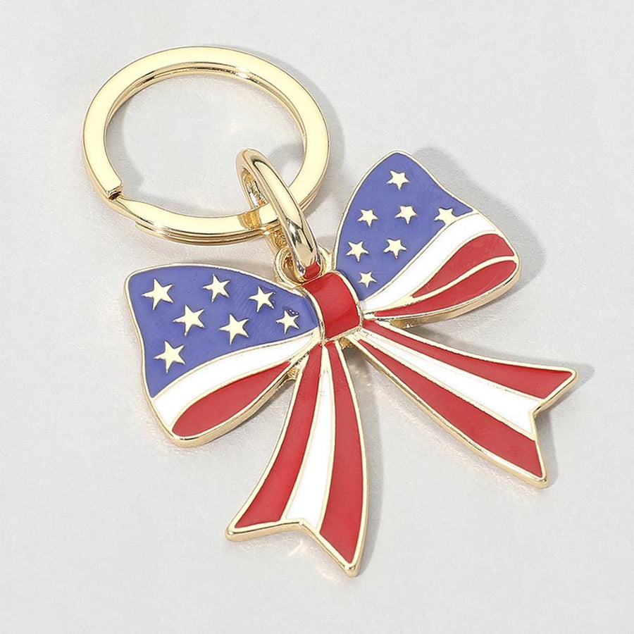 American USA Flag Charm Keychain - Patriotic 4th of July Keychain - Heart and Bow Keyring