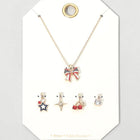 USA Flag Charm Pendant Necklace Set | Red White Blue Layered Jewelry Brass, CZ