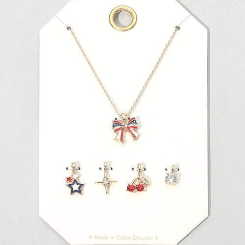 USA Flag Charm Pendant Necklace Set | Red White Blue Layered Jewelry Brass, CZ