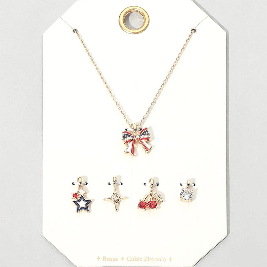 USA Flag Charm Pendant Necklace Set | Red White Blue Layered Jewelry Brass, CZ