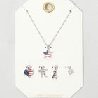 USA Flag Charm Pendant Necklace Set | Red White Blue Layered Jewelry Brass, CZ