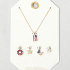 USA Flag Charm Pendant Necklace Set | Red White Blue Layered Jewelry Brass, CZ