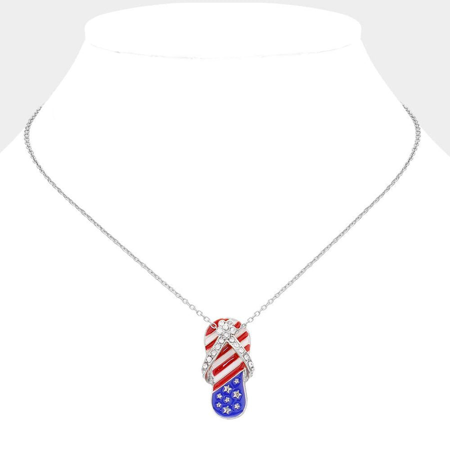 Stone Paved American USA Flag Flip Flops Pendant Necklace - Sparkly Beach Jewelry Gift