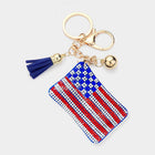 Bling USA Flag Tassel Keychain | Sparkly Patriotic Purse Accessory, Red White Blue Bag Charm