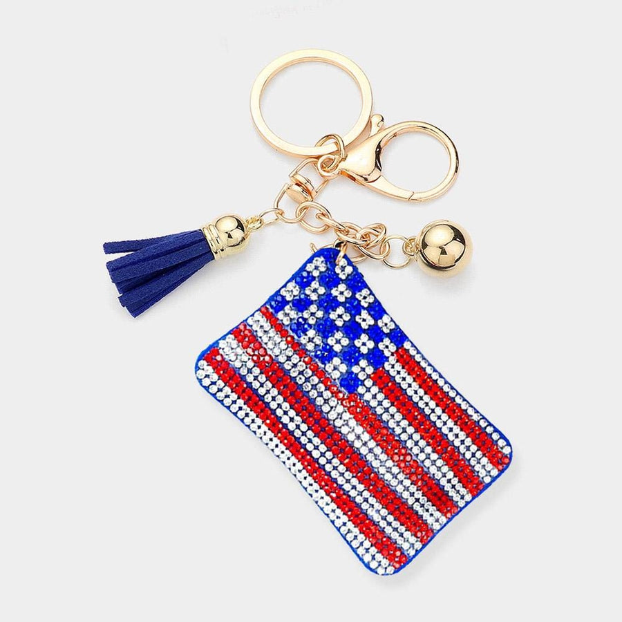 Bling USA Flag Tassel Keychain | Sparkly Patriotic Purse Accessory, Red White Blue Bag Charm