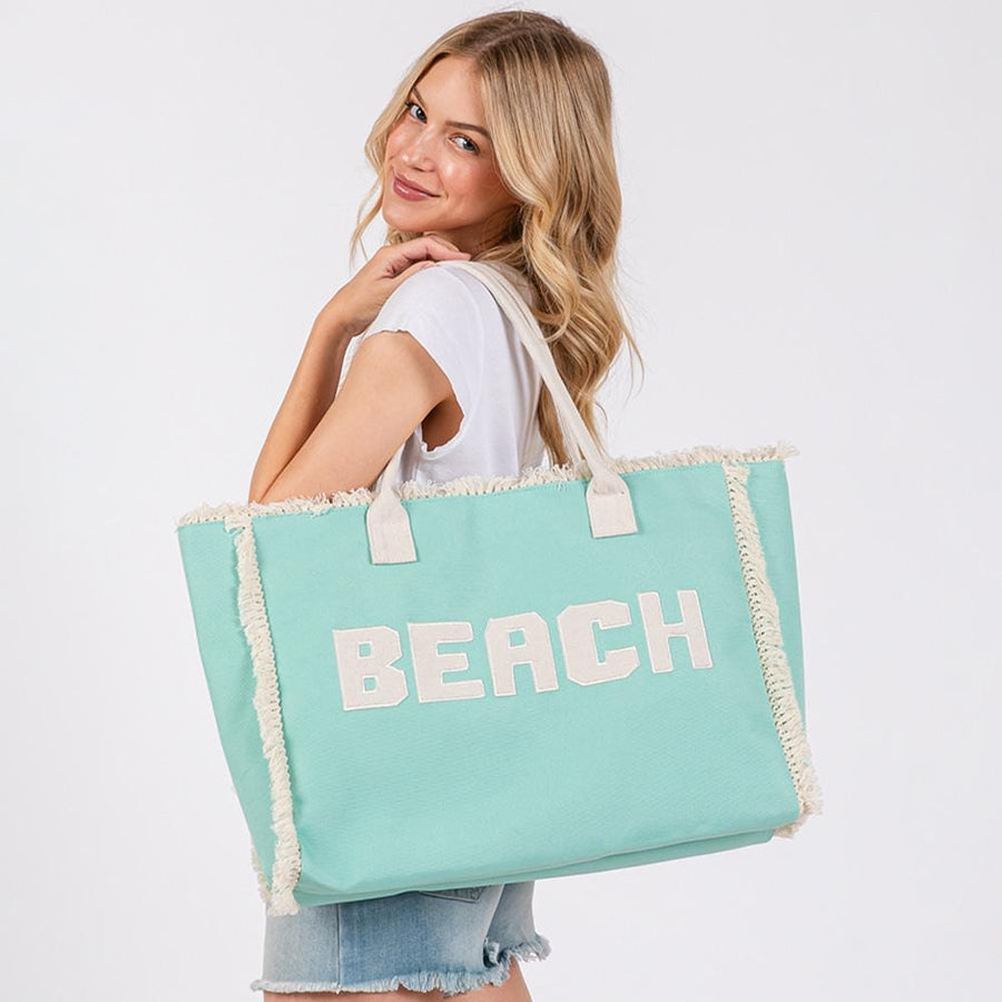 Embroidered BEACH Fringe Tote Bag | Oversized Boho Summer Shoulder Bag