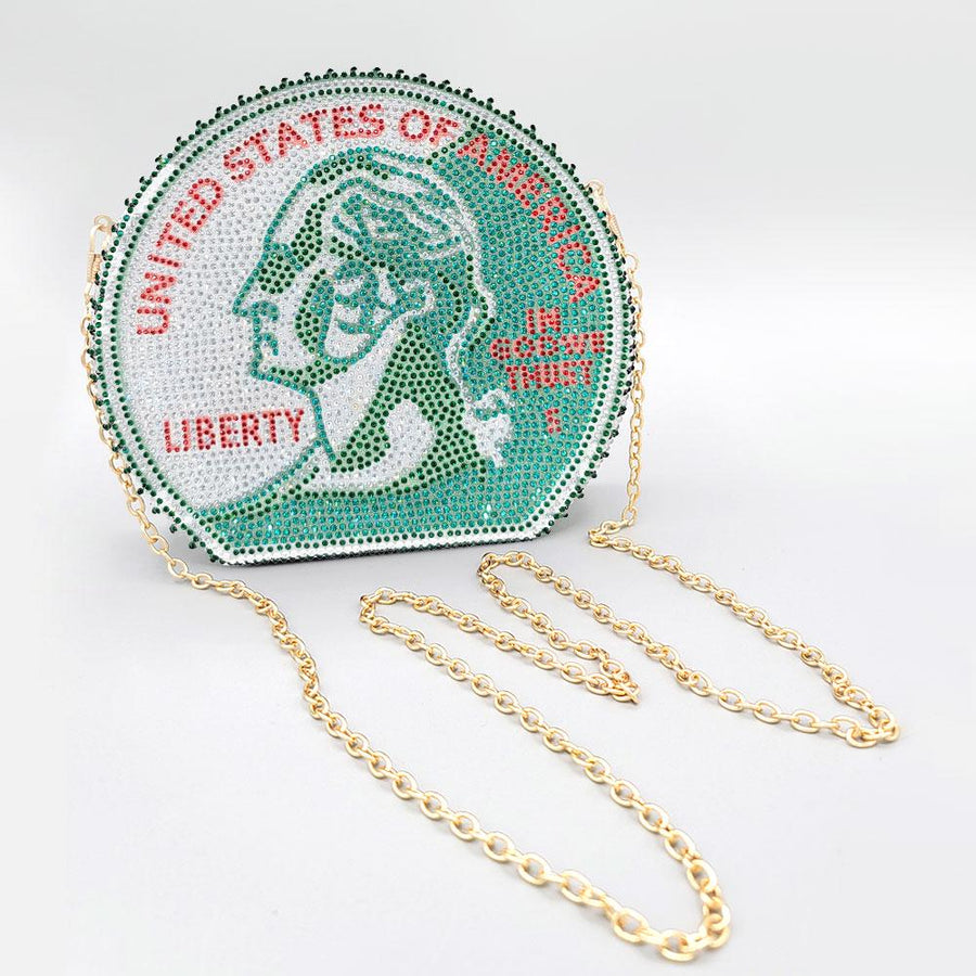 USA Quarter Coin Rhinestone Clutch Bag | Patriotic Americana Statement Evening Purse