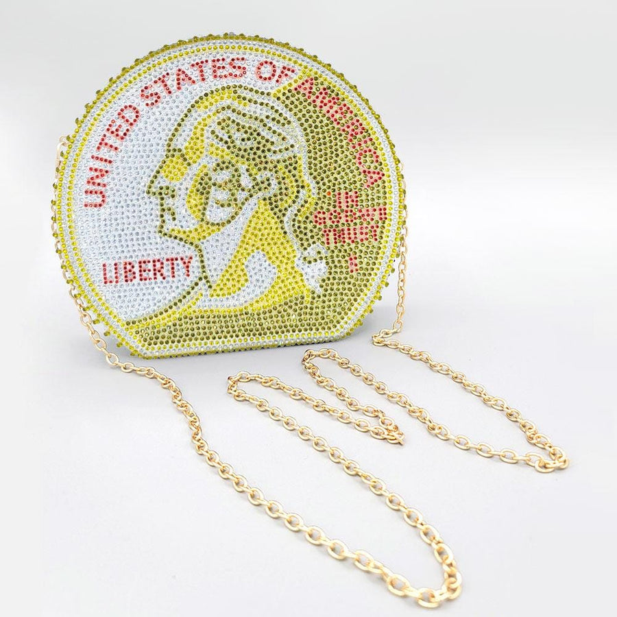 USA Quarter Coin Rhinestone Clutch Bag | Patriotic Americana Statement Evening Purse
