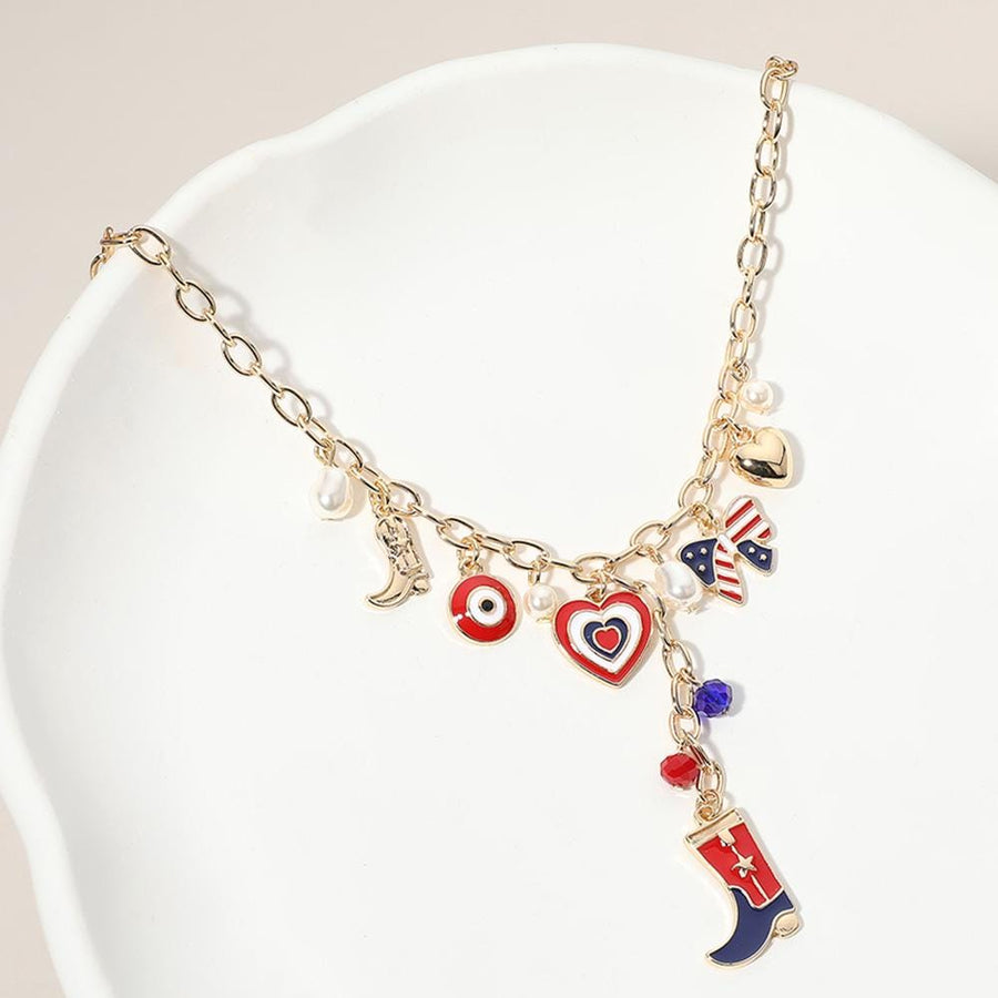 Enamel USA Flag Western Cowboy Boot Bow Heart Pearl Charm Station Necklace - Cowgirl Jewelry