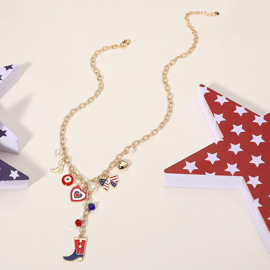 Enamel USA Flag Western Cowboy Boot Bow Heart Pearl Charm Station Necklace - Cowgirl Jewelry