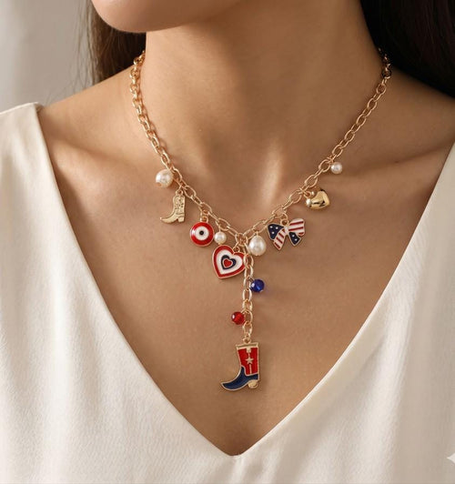 Enamel USA Flag Western Cowboy Boot Bow Heart Pearl Charm Station Necklace - Cowgirl Jewelry