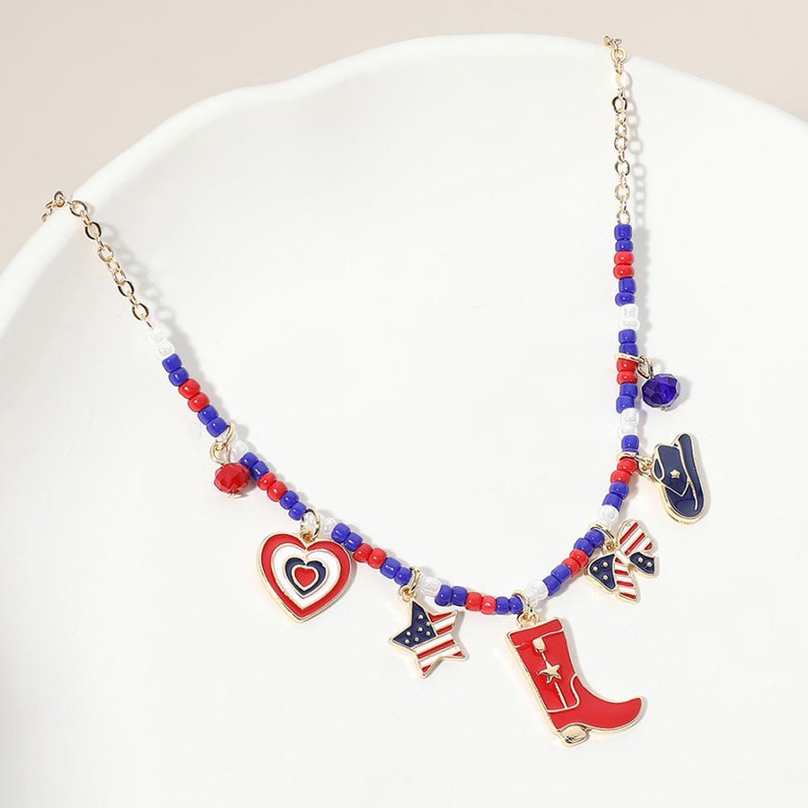 Enamel USA Flag Western Boot Hat Bow Star Heart Charm Beaded Necklace - Cowgirl Gift