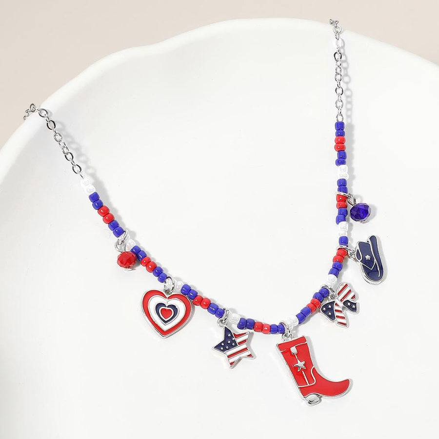 Enamel USA Flag Western Boot Hat Bow Star Heart Charm Beaded Necklace - Cowgirl Gift