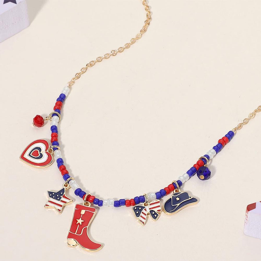 Enamel USA Flag Western Boot Hat Bow Star Heart Charm Beaded Necklace - Cowgirl Gift