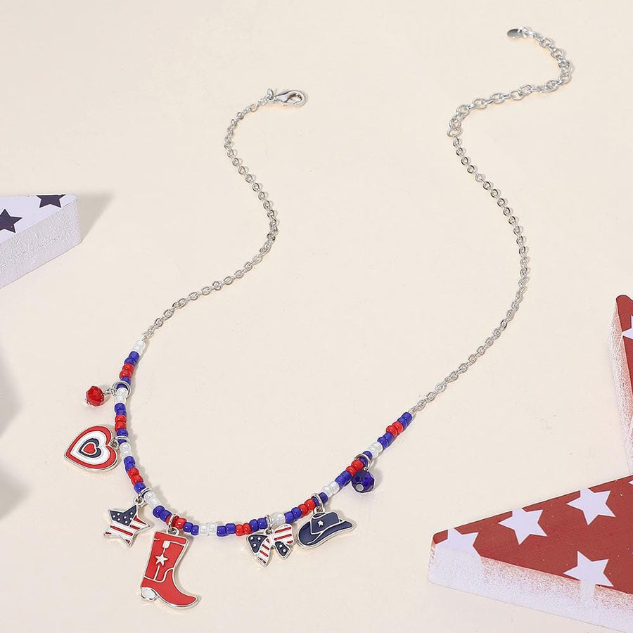 Enamel USA Flag Western Boot Hat Bow Star Heart Charm Beaded Necklace - Cowgirl Gift