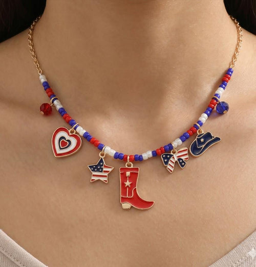 Enamel USA Flag Western Boot Hat Bow Star Heart Charm Beaded Necklace - Cowgirl Gift