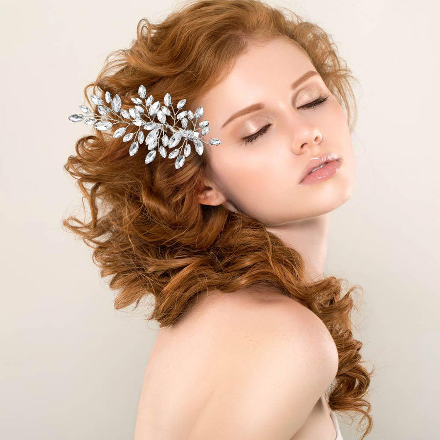 Marquise Stone Leaf Branch Hair Clip | Elegant Bridal Handmade Hair Barrette | Wedding Accessory