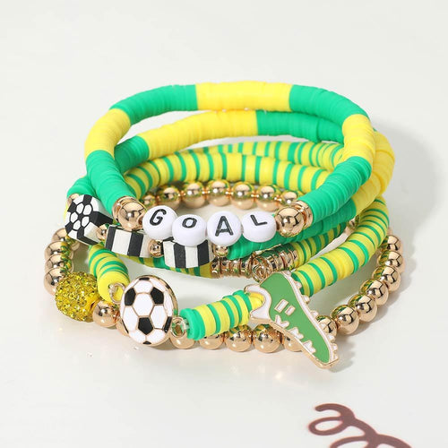 5PCS Soccer Shoe Charm GOAL Message Heishi Beaded Stretch Bracelet Set | Soccer Player Gift