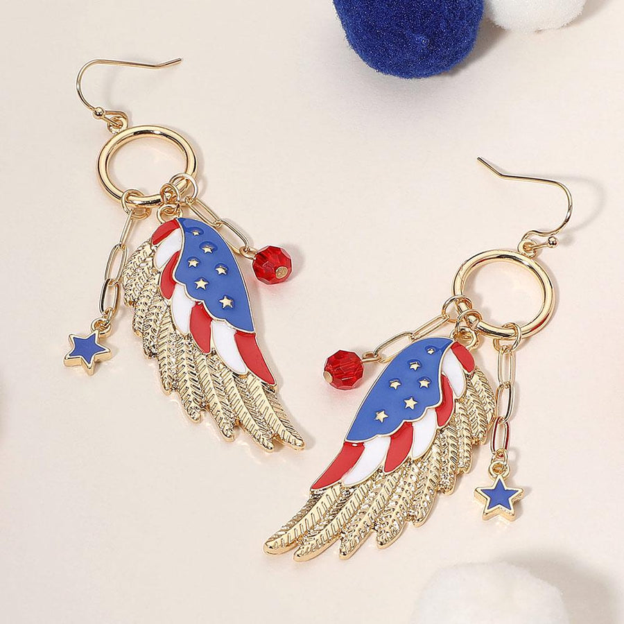 Enamel USA Flag Wing Dangle Earrings - Patriotic Earrings for Women - American Eagle Wings Earring