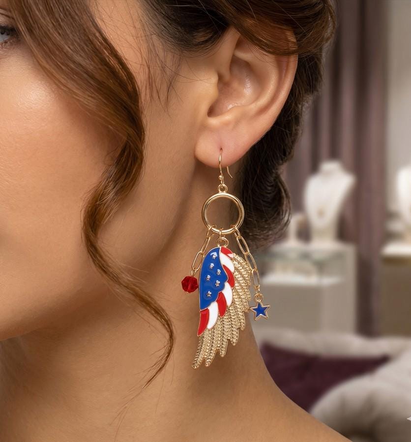 Enamel USA Flag Wing Dangle Earrings - Patriotic Earrings for Women - American Eagle Wings Earring