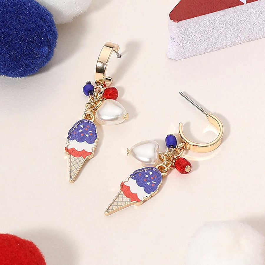 Enamel USA Flag Ice Cream Cone Pearl Heart Bead Dangle Earrings - Fun Summer Earrings