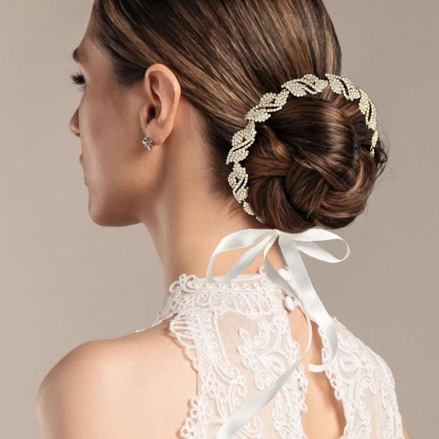 Rhinestone Paved Leaf Vine Wrap Headpiece | Bridal Crystal Hair Wreaths | Wedding Headband Hair Accessory