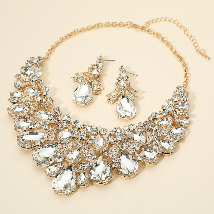 Teardrop Stone Cluster Embellished Bib Statement Necklace Set - Bridal Bib Necklaces and Earring Sets