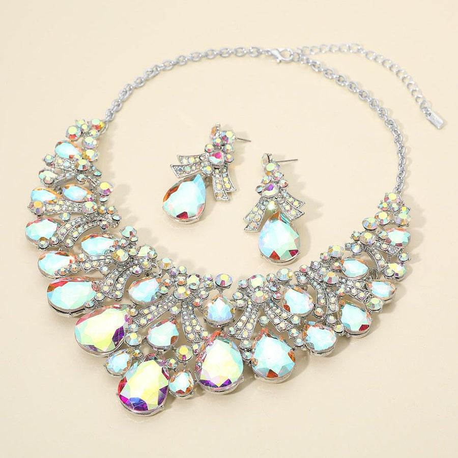 Teardrop Stone Cluster Embellished Bib Statement Necklace Set - Bridal Bib Necklaces and Earring Sets