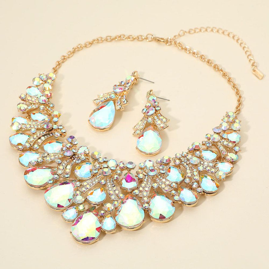 Teardrop Stone Cluster Embellished Bib Statement Necklace Set - Bridal Bib Necklaces and Earring Sets