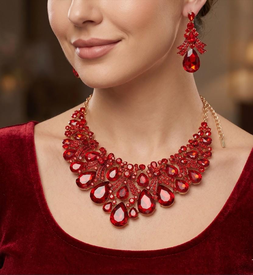 Teardrop Stone Cluster Embellished Bib Statement Necklace Set - Bridal Bib Necklaces and Earring Sets