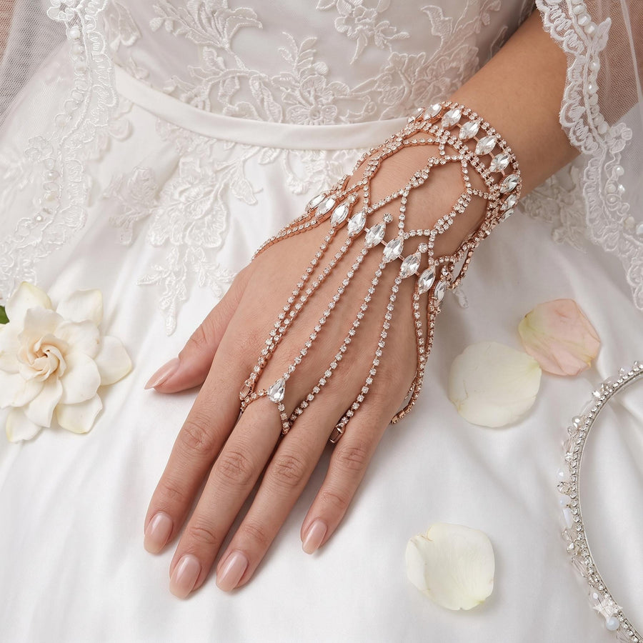 Marquise Cluster Embellished Rhinestone Paved Hand Chain Bracelet | Glam Bridal Hand Jewelry | Wedding ChainRing